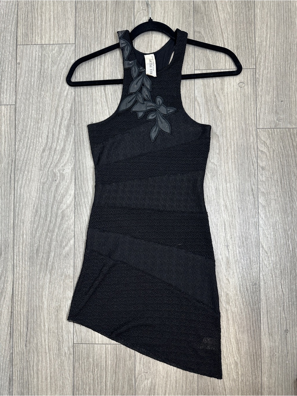 Free People Black Asymmetrical Mesh Dress XS Floral Appliqué Early 2010s